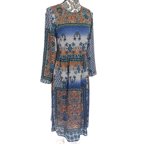 ZARA TRAFALUC LS Burn Out Folk Print Boho Midi Dress S - Picture 2 of 7